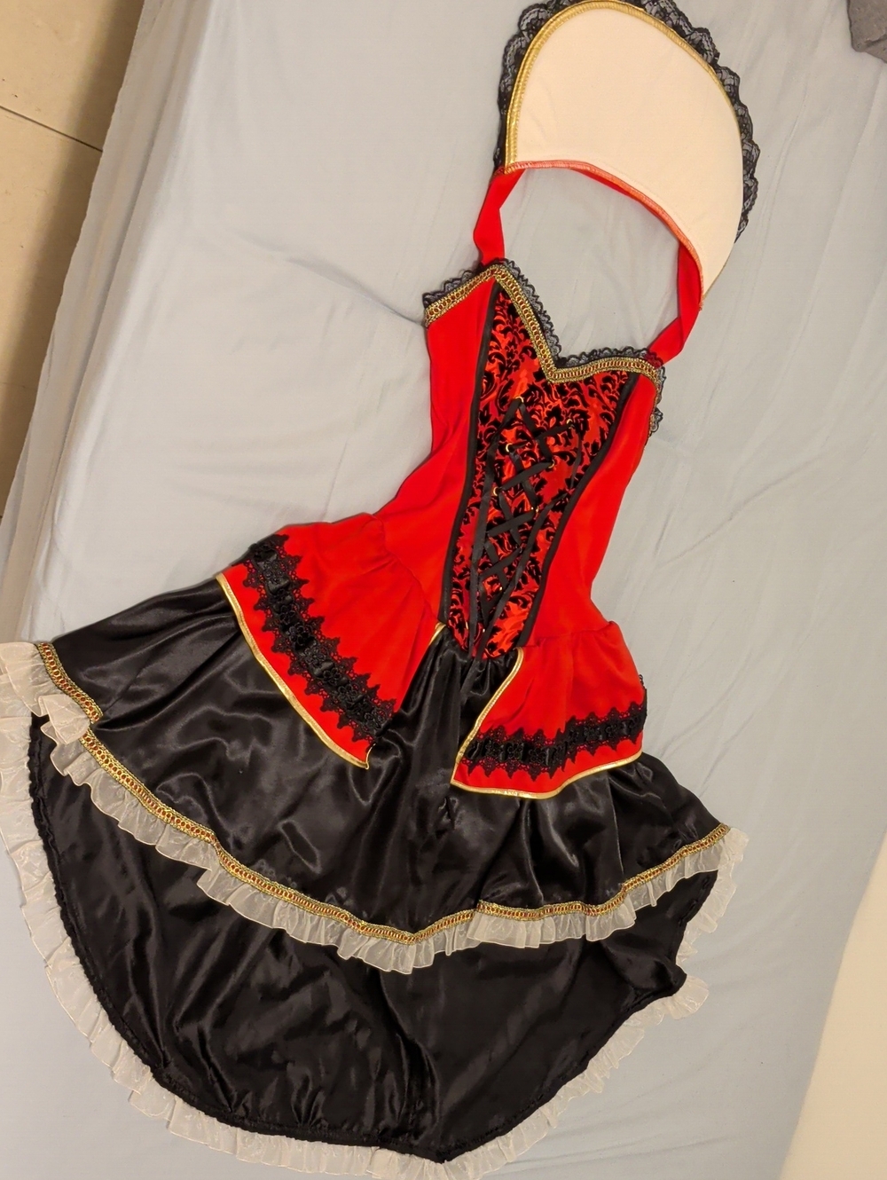 Red & Black Satin Corset Costume Dress with Lace Trim and Head Collar
